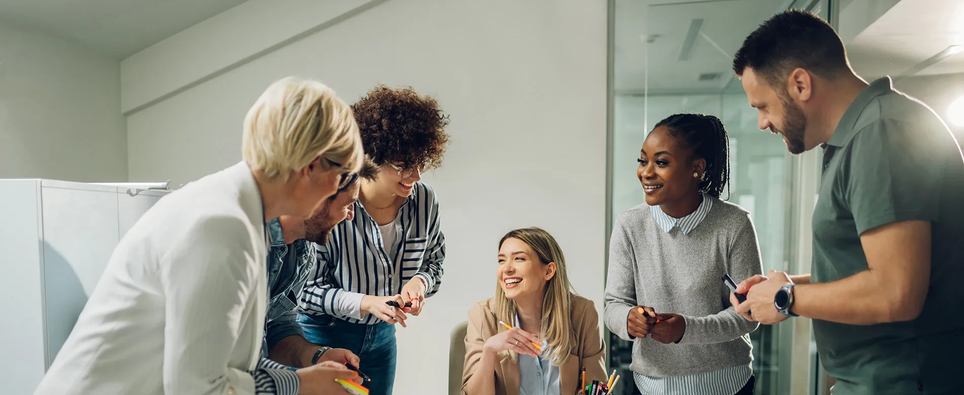 Happy colleagues in discussion