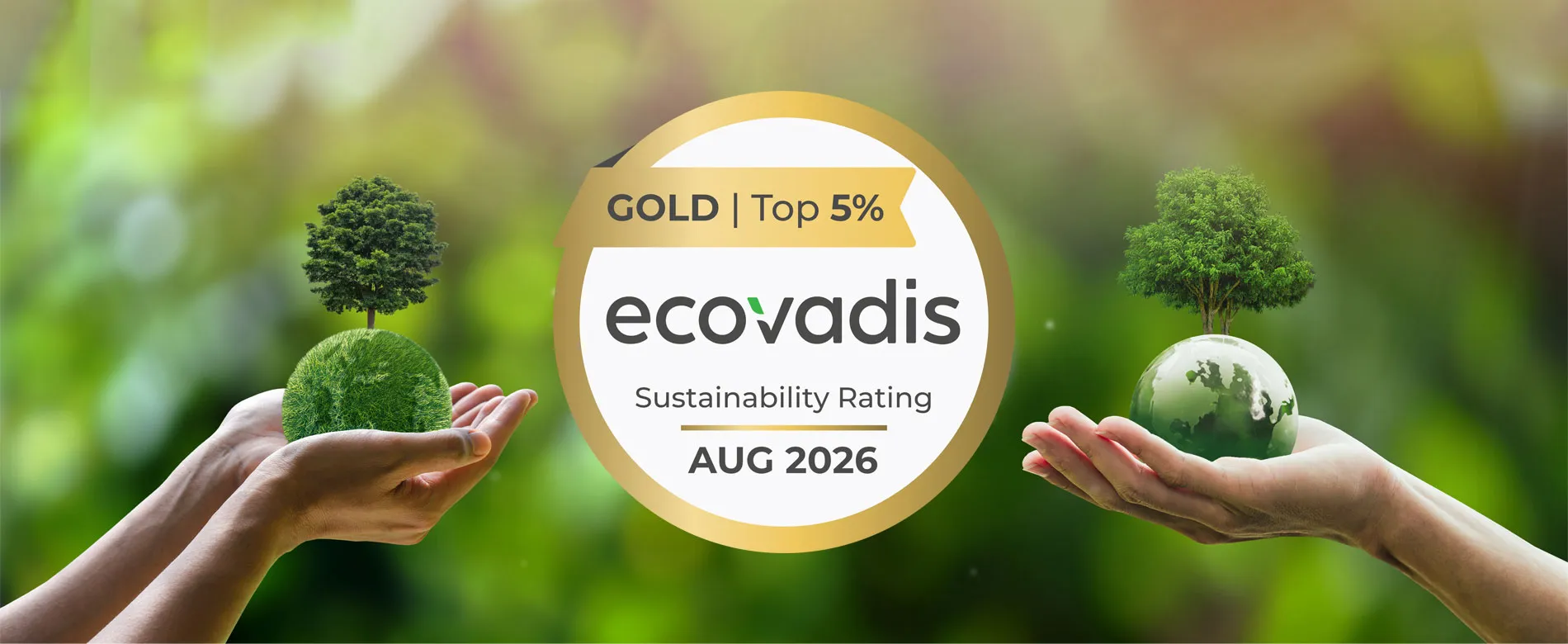 EcoVadis gold sustainability rating badge on a sustainable background with people holding planets with trees growing