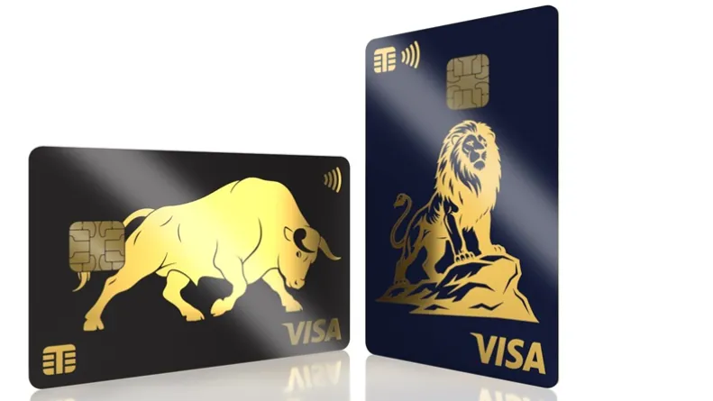 Gold plated contactless cards with illustrations of a bull and a lion
