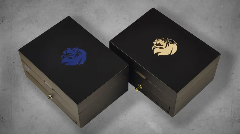 Thames Technology gold card packing - Two elegant black wooden boxes with lion logo
